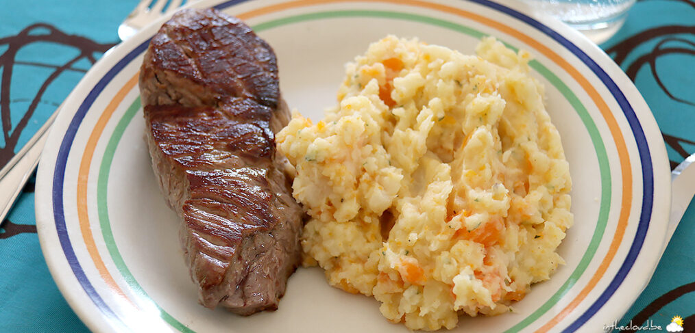 Steak, potée céleri-rave carottes